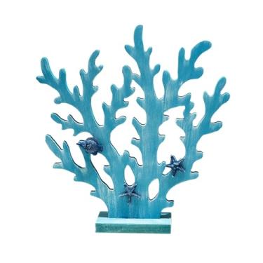 Imagem de WeiLaiKeQi Decoração de madeira coral peça de arte mesa centro peça náutico artesanato de madeira ornamento de mesa para festa aniversário armário de TV, Azul Claro