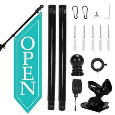 Imagem de Kit de bandeira aberta com mastro - Banner aberto de lona resistente para loja comercial, placa dupla face externa de 106 x 30 cm com suporte - Sinalização publicitária para varejo e lojas