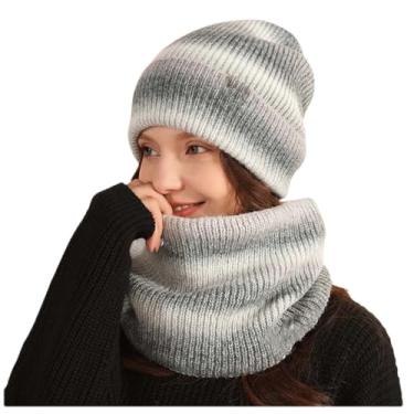 Imagem de Conjunto de cachecol feminino cor gradiente gorro de malha de pelúcia quente gorro de neve quente gorro de lã grossa cinza 9 tamanho único