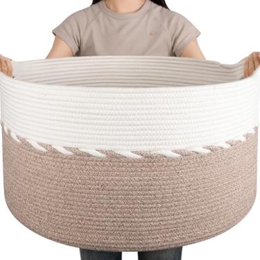 Imagem de OIAHOMY Cesta de cobertor extra grande de 87 L, 58 cm x 33 cm, cesto de roupa jumbo, cesta de corda de algodão com alças para sala de estar, caixas de armazenamento de brinquedos para bebês, marrom