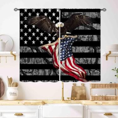 Imagem de Cortinas com bandeira americana, 4 de julho, Dia da Independência, pássaro, águias, floresta, veado, vintage, listras, padrão de bandeira, cortinas de janela para quarto, sala de estar, banheiro, 69,8