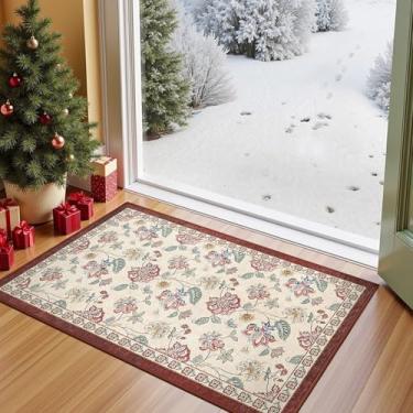 Imagem de jinchan Tapetes florais 5 x 7 para entrada, tapetes de cozinha laváveis, vintage, design envelhecido, tapete antiderrapante de pelo baixo, ultrafino, leve, pequeno tapete para sala de estar, entrada