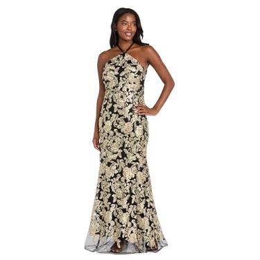 Imagem de R&M Richards Vestido feminino longo bordado malha frente única sereia - elegante vestido de noite para festas e ocasiões especiais, Preto/dourado, 48