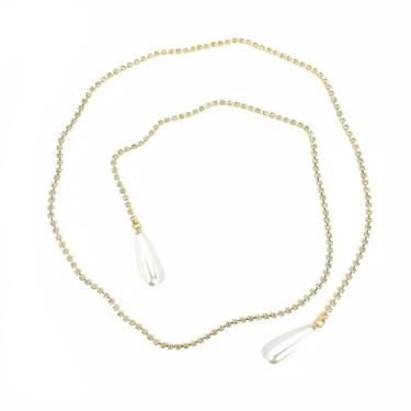 Imagem de Corrente de pérola barroca para mulheres - Corrente de máscara de tênis de cristal CZ criada simulação de pérolas de água doce gota d'água borla longa acessório de cabeça pendurado no nariz, fantasia