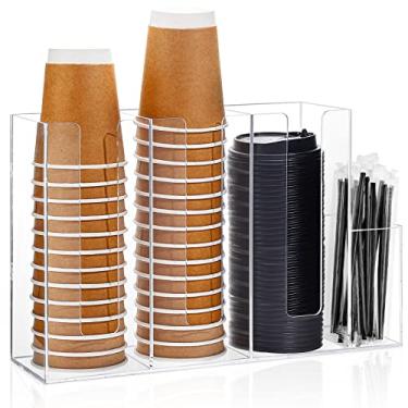 Imagem de Cunhill Suporte organizador de copo de café acrílico com 4 compartimentos, armazenamento de tampa e copo de plástico transparente, bancada, estilo moderno, transparente, 38 x 10,5 x 24 cm, ideal para