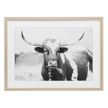 Imagem de Stupell Industries Impressão emoldurada em dois tons de retrato Longhorn cinza sob vidro, design por Sisi e Seb, 35 x 50 cm