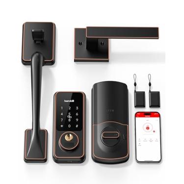 Imagem de Fechadura da porta da frente entrada sem chave com conjunto de alças: fechadura inteligente com alças, fechadura eletrônica de porta com teclado Hornbill, bloqueio automático, Bluetooth/código