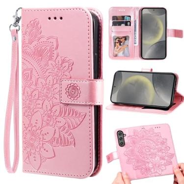 Imagem de Furill Capa carteira compatível com Samsung Galaxy S25 FE 5G e protetor de pulso flor couro flip porta-cartão de crédito Folio bolsa suporte capa de celular para S 25 EF S25FE 25S 25FE meninas rosa
