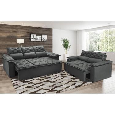 Imagem de Conjunto De Sofá 3 E 2 Lugares Retrátil E Reclinável Cama Inbox Compact 2,00x1,50m Velusoft Cinza