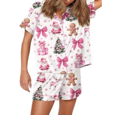 Imagem de Conjunto de pijamas femininos Juakoso com estampa de Natal, cetim fino