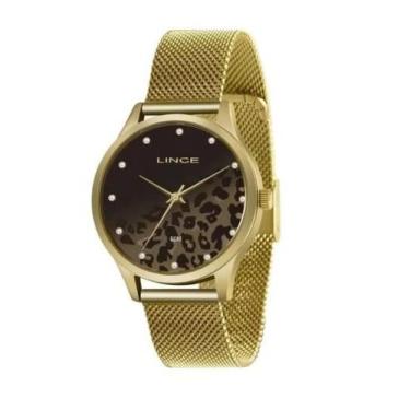 Imagem de Relogio Lince Feminino Dourado Original Social Onça Fundo Marrom