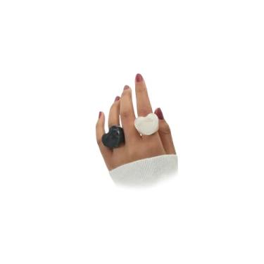 Imagem de 2 peças de anéis de declaração de coração de acrílico para mulheres, pacote de anéis empilhados de cúpula de resina preta e branca, moderno, plástico, amor, dedo, polegar, joias, presentes, acessórios