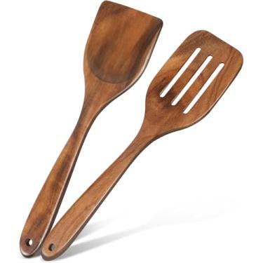 Imagem de Conjunto de 2 espátulas de madeira com fenda e raspador em forma de colher para panelas antiaderentes, virar, mexer e misturar