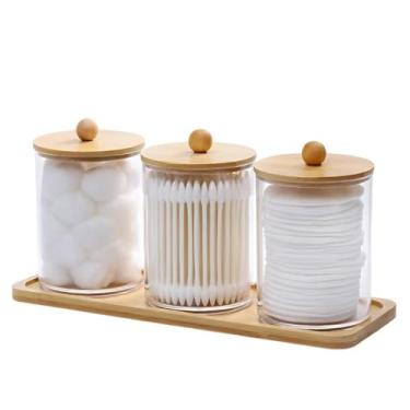 Imagem de Kit 3 Porta Algodão Cotonete Organizador Acrílico Tampa Bambu Disco Maquiagem