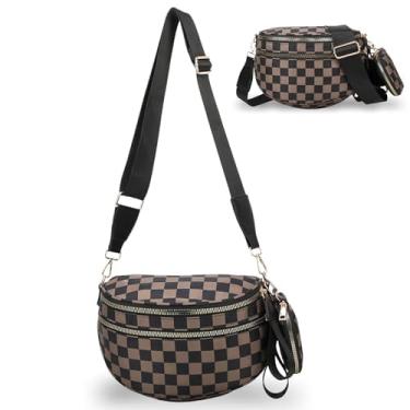 Imagem de Bolsa transversal quadriculada para mulheres, espaçosa bolsa xadrez de nylon com carteira removível, alça ajustável, pochete de grande capacidade, Marrom, One Size, Xadrez