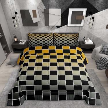 Imagem de Erosebridal Jogo de cama King xadrez preto, amarelo, cinza, ombré, para adultos, homens, mulheres, xadrez, buffalo, xadrez, edredom, edredom