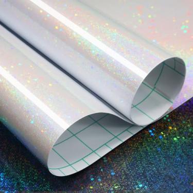 Imagem de ReWallpaper Folhas de laminação autoadesivas holográficas laminadas filme holográfico iridescente arco-íris para adesivos, fotos, diários, scrapbooks, laptop, artesanato, suprimentos para sala de aula