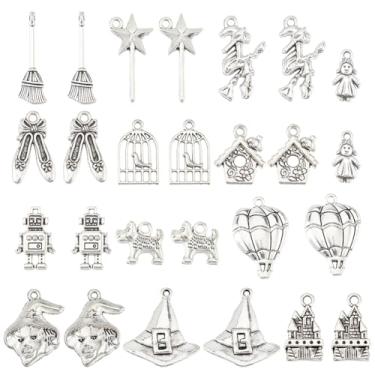 Imagem de SUNNYCLUE 65 peças, 13 estilos, pingentes de feiticeiro, varinha mágica, tibetano, antigo, prata, castelo, robô, Halloween, bruxa, pingentes para fazer joias, artesanato, brincos, colares e pulseiras