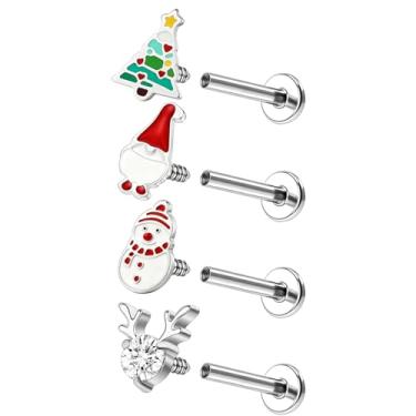 Imagem de PunkTracker Brinco de aço cirúrgico de 16 g com parte de trás plana de Natal piercing de rosca interna joia nariz hélice cartilagem tragus labret medusa monroe piercing joias para mulheres e homens, 4