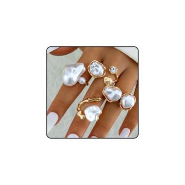 Imagem de INENIMARTJ Conjunto de anéis de ouro para mulheres empilháveis moda irregular barroco pérola vulcânica anéis abertos empilháveis de ouro conjunto de anéis grossos para mulheres, Imitação de pérolas