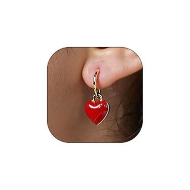 Imagem de Brincos femininos de coração vermelho para dia dos namorados, coração, esmaltado, vermelho, gancho, brincos de dia dos namorados, para mulheres, acessórios para o dia dos namorados, Large, Metal, Sem