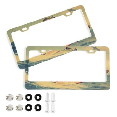 Imagem de Wassud Dinossauro surfe (2) moldura de placa de carro com parafusos, 2 pacotes de molduras decorativas de etiqueta de carro de alumínio, acessórios universais de carro para mulheres e homens