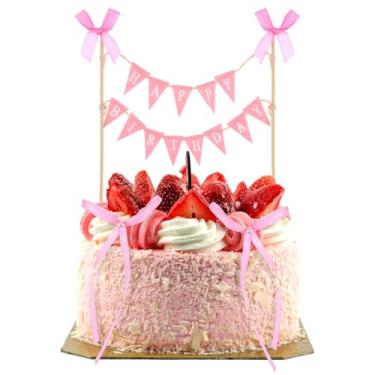 Imagem de 11 Pcs Pink Bow Ribbon Cake Topper Happy Birthday Cake Topper Banner Coquette Ribbons Bowknot Cupcake Toppers Happy Birthday Cakes Bunting Toppers with Wood Pole Handmade Pennant Flags with Bow Ribbon