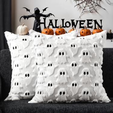 Imagem de DFXSZ Capas de almofada de Halloween 61 x 61 cm conjunto de 2 fronhas de almofada fantasma branca de pelúcia macia de lã sintética para poltrona, sofá, quarto, sala de estar, decoração de casa