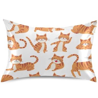 Imagem de Lindas capas de almofada de cetim com estampa de gato laranja para cabelo, travesseiros tamanho queen king fofos, capas de almofadas refrescantes para decoração de casa, tamanho padrão, 66 cm x 50 cm