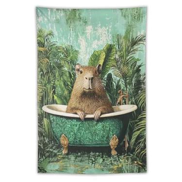 Imagem de Linda capivara na banheira tapeçaria de banheiro verde tropical pendurado na parede humorístico roedor decoração de arte para crianças banheiro tema selva spa vaidade casa decoração de parede presente