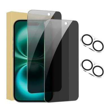 Imagem de Pacote com 2 + 2 protetores de tela de privacidade para iPhone 16 Plus com protetor de lente de câmera cobertura total, película de vidro temperado anti-espião, dureza 9H, fácil instalação, sem bolhas