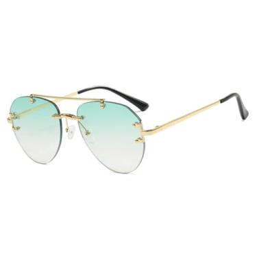 Imagem de HCPIHF Óculos de sol femininos sem aro com ponte dupla de metal e haste de metal, moda masculina para dirigir ao ar livre, UV400 (dourado e verde)