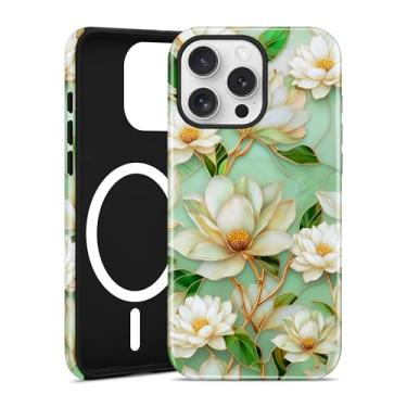 Imagem de Jusy Capa para celular MagSafe com flor branca MagSafe para iPhone 16 Pro Max, vitral estético floral, capa protetora de TPU macio e policarbonato rígido para mulheres e meninas (brilhante) - flor