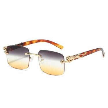 Imagem de Óculos de Sol Clássicos Quadrados Sem Aro Masculinos com Lentes Coloridas e Detalhes em Metal - Modelo Fashion e Luxuoso para Mulheres (Cinza e Amarelo)