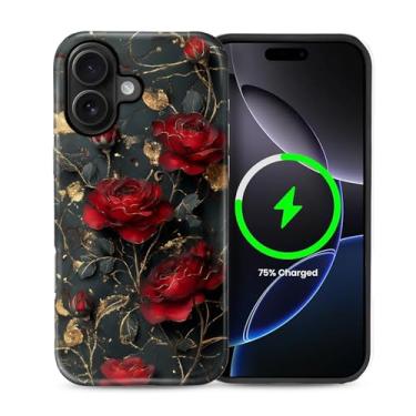 Imagem de ZHEGAILIAN Capa magnética para iPhone 16 Plus, compatível com capa rígida MagSafe + silicone macio 2 em 1 híbrido à prova de choque capa protetora contra quedas rosa espinho romântico