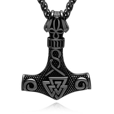 Imagem de Hoyazvet Colar masculino com martelo de Thor Viking, ouro 18K, preto/aço inoxidável, pingente de amuleto Mjolnir, bússola pagã nórdica, joia viking nórdica, com caixa de presente, Aço inoxidável, Sem