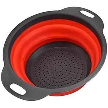 Imagem de Escorredor Multiuso de Silicone Dobrável, Retrátil, Redondo, 24cm, Vermelho e Cinza, para Macarrão, Massas e Legumes