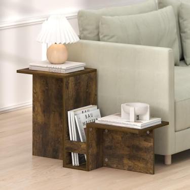 Imagem de Furinno Mesa lateral BOYATE, mesa de canto em forma de vale, com níveis em camadas e suporte de revistas, para sala de estar, pinheiro âmbar
