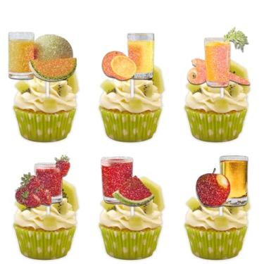 Imagem de Conjunto de 18 peças de enfeite de cupcake de suco de fruta colorido com glitter Cheer to Afternoon Tea Drink Tema de aniversário para decoração de festa para homens e mulheres, conjunto de