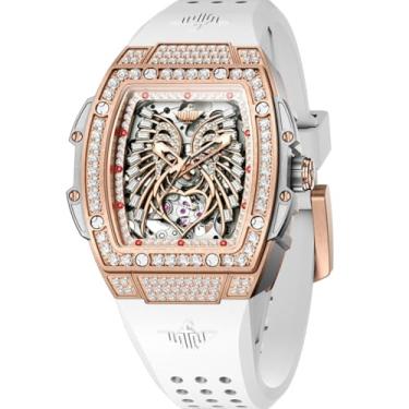 Imagem de OUPINKE Relógios automáticos femininos modernos de esqueleto oco Squre relógios femininos diamantes ouro rosa à prova d'água luminosos mecânicos relógios femininos vermelho branco pulseira de silicone