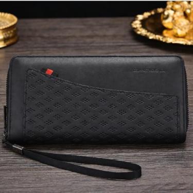 Imagem de Carteira ultrafina universal casual preta com alça longa listrada de couro legítimo, design longo casual com alça, estampa listrada, sensação de couro legítimo, ultrafina