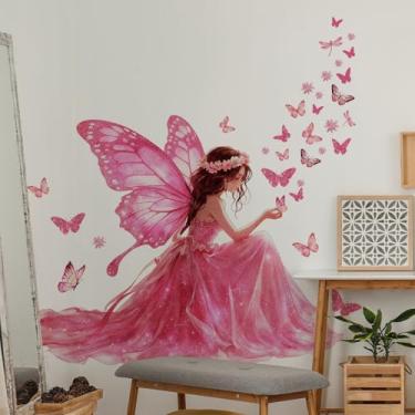 Imagem de ZARROUEA Decalques de parede de princesa fada, vestido de menina rosa e adesivos de parede florais de borboleta roxa, arte de vinil removível para quarto de bebê de meninas (fada borboleta rosa)