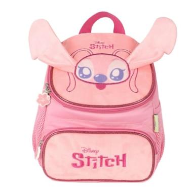 Imagem de Luxcel Lancheira Escolar Juvenil Stitch & Angel, Rosa com Pelúcia e Orelhas 3D, 26x22x12 cm, 7 Litros, Alças Ajustáveis LA42423
