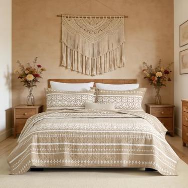 Imagem de Cinefoso Conjunto de colcha King - Colcha boêmia listrada 100% algodão - edredom acolchoado leve - 3 peças - marrom claro