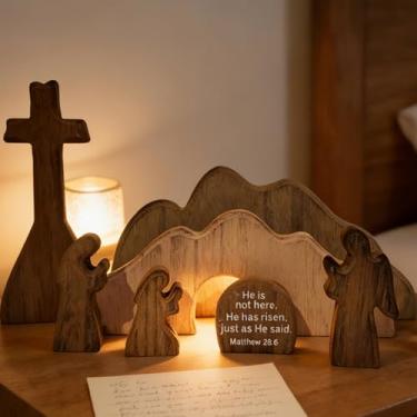 Imagem de Cena de tumba de Páscoa de madeira para decoração cristã, conjunto de túmulo vazio com cruz, estatuetas para decoração de Páscoa, cena de ressurreição de Jesus para exibição religiosa, bandeja de mesa