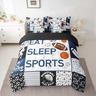 Imagem de Feelyou Jogo de cama de casal esportivo para meninos, meninos, meninas, futebol, beisebol, futebol, 7 peças, crianças, adolescentes, amantes de esportes, presente, cama em uma bolsa, basquete, hóquei