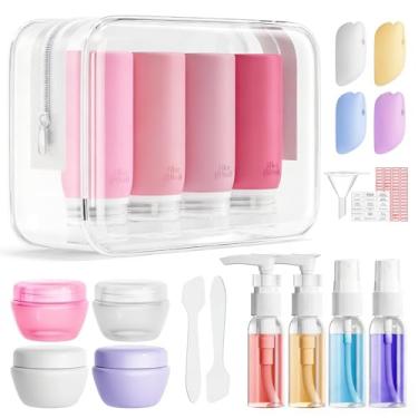 Imagem de Muslish Pacote com 21 frascos de viagem para artigos de higiene pessoal, recipientes de silicone à prova de vazamento de tamanho de viagem para xampu e condicionador, sem BPA com bolsa de higiene