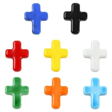 Imagem de LiQunSweet 8 peças, 8 cores, 26 x 19,5 mm, contas de vidro em forma de cruz Jesus crucifixo espaçador contas para joias faça você mesmo, pulseira, colar, brinco, artesanato, bolsa, chaveiro, decoração