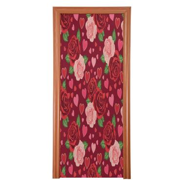 Imagem de ATTX Capa de porta da frente rosa dos namorados - decoração de férias de tecido elástico lavável para festas, casa, decoração de porta da frente, 95 x 98 polegadas (95)
