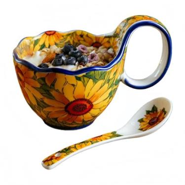 Imagem de Wixann Tigela de sopa de 500 ml segura para micro-ondas, tigela de cereais pintada à mão de cerâmica com alça para sopa, iogurte, lanche, batata frita, ensopado, sorvete, café (girassol)